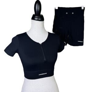 SandersFit Black Ribbed Short Sleeve Crop Top & Bike Shorts Workout 2 Piece Set